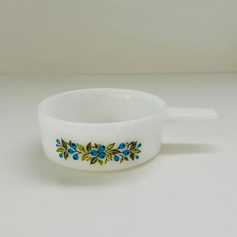 JEANNETTE GLASS CO. GLASBAKE Blueberry Ovenware Handled Soup Bowls, Set of 4